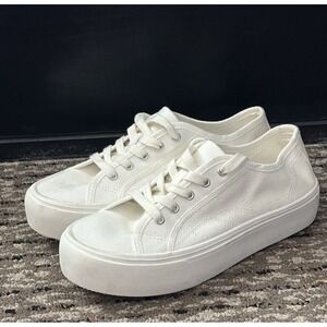 Madden Girl Womens Ebonie Canvas Sneakers White Lace Up Platform Flat Heel 8.5M